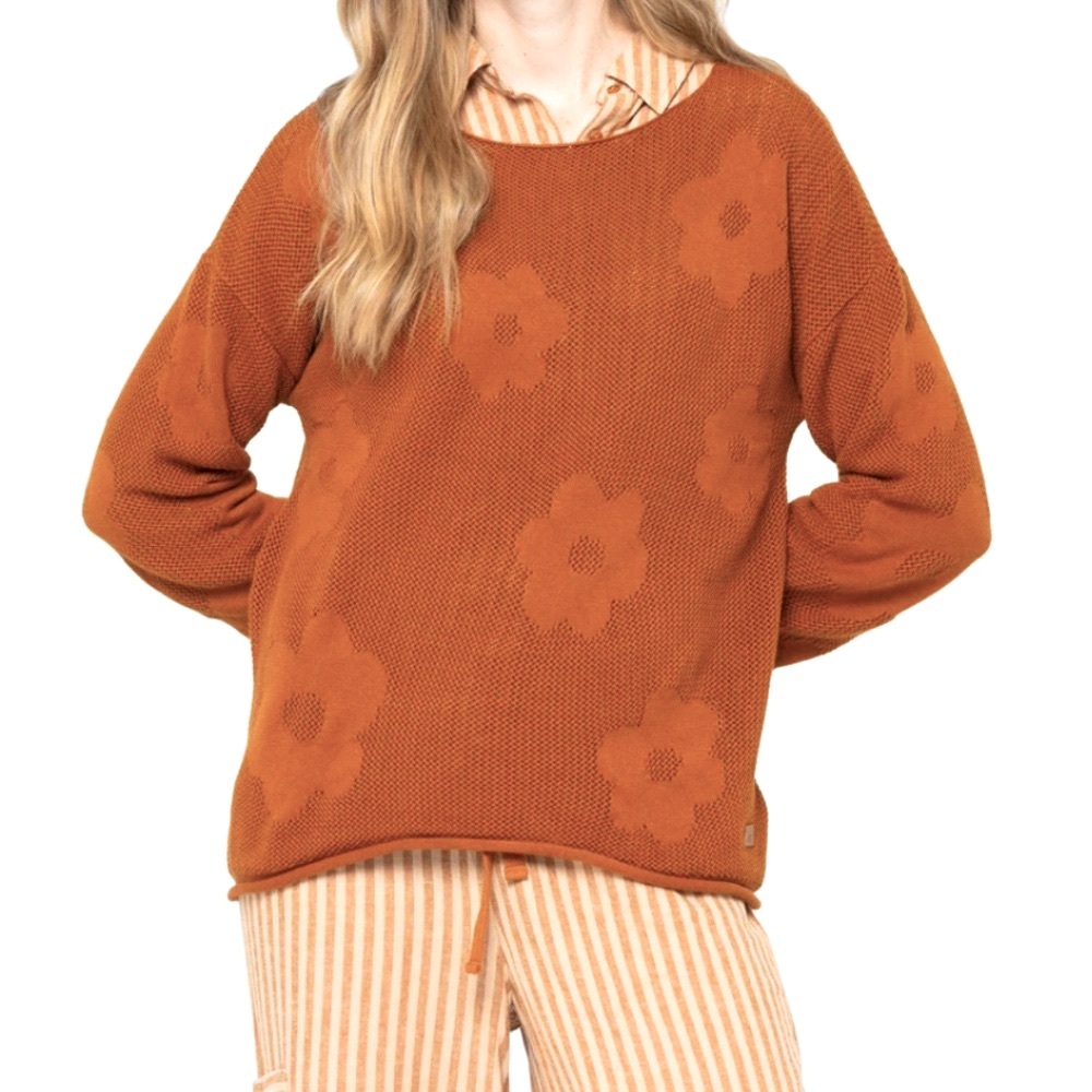 Peace Love World | size M | Boheme Collection, Rust Brown Cotton Flower Sweater